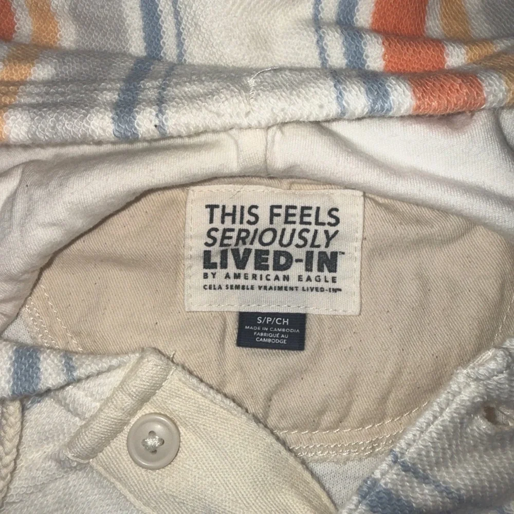 American Eagle‎ Henley Hoodie Small White Orange Blue Striped Seriously Lived-In